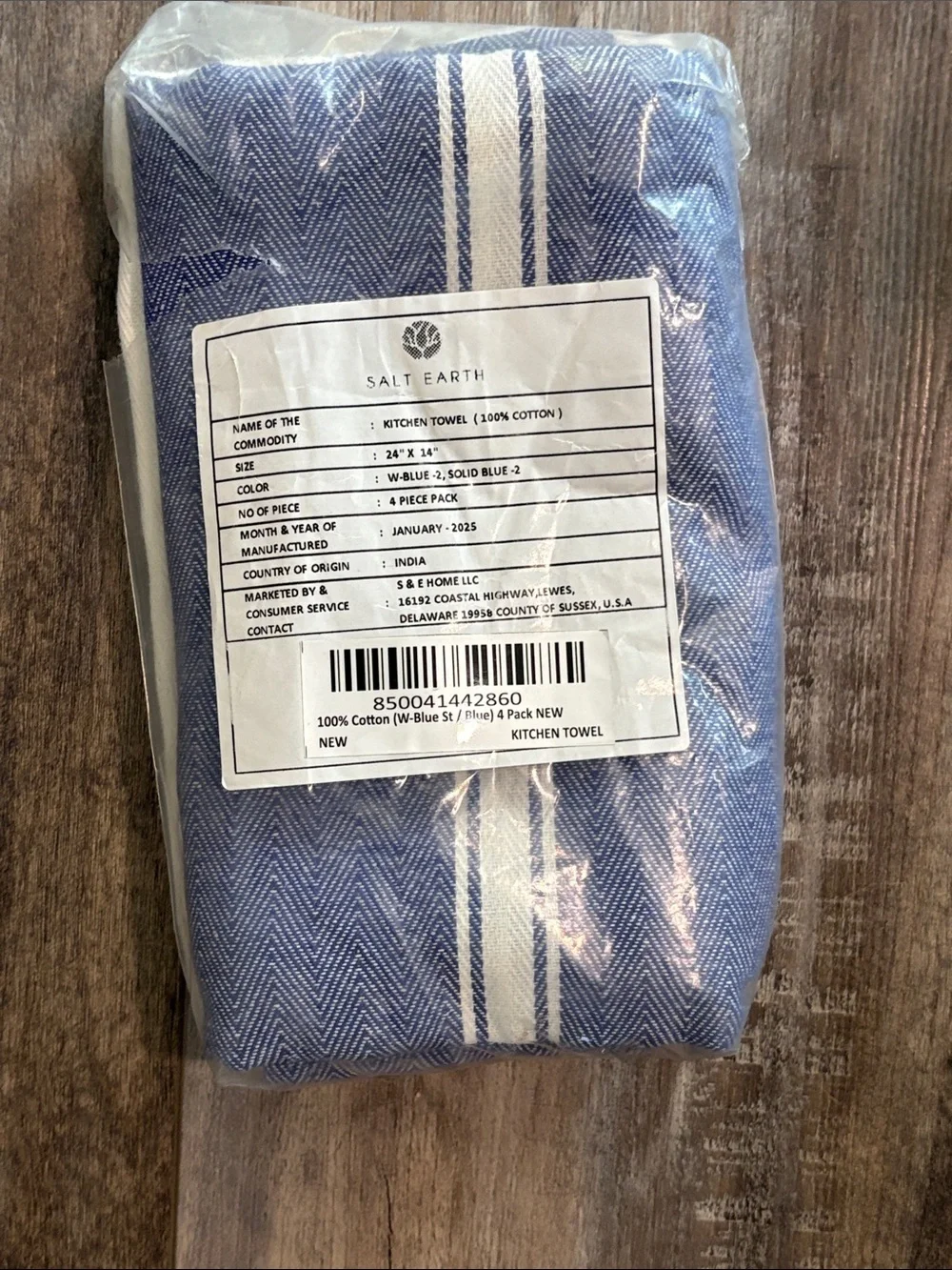 NEW Set 4 Kitchen Towels Salt Earth Cotton Blue White Herringbone